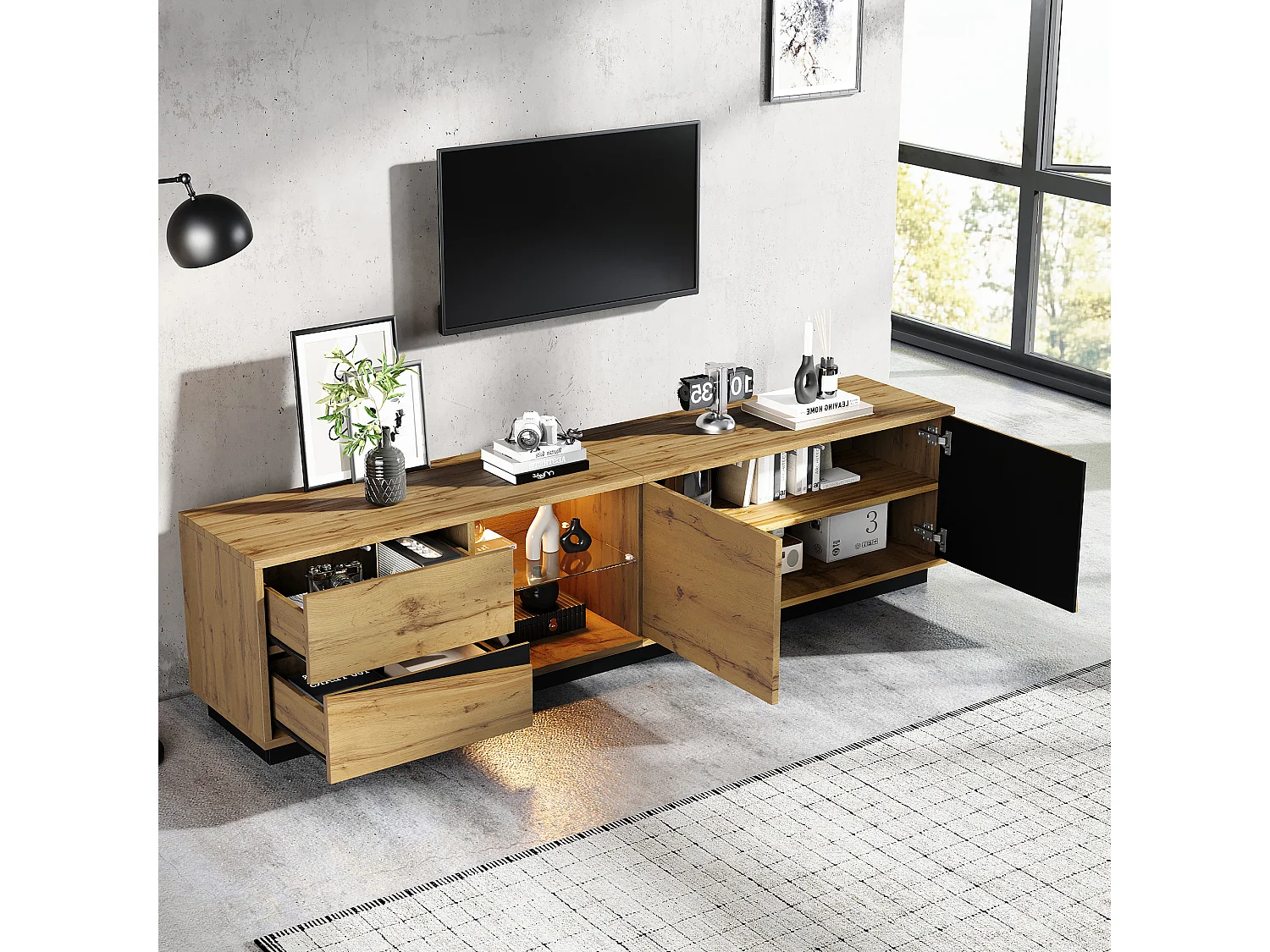 TV-Schrank 180x35x45 cm mit LED-Beleuchtung - 2 Schubladen, 2 Schranktüren, Glasregale und offene Fächer - Natur