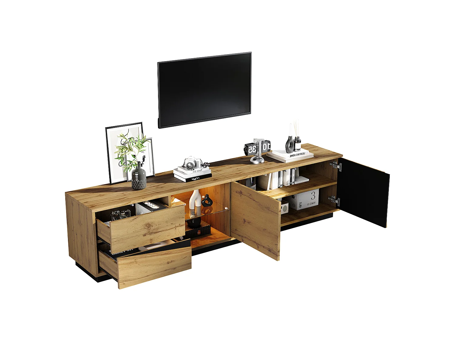 TV-Schrank 180x35x45 cm mit LED-Beleuchtung - 2 Schubladen, 2 Schranktüren, Glasregale und offene Fächer - Natur
