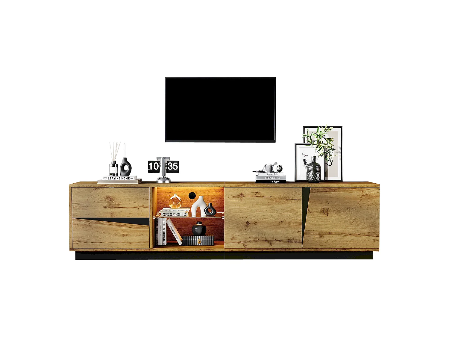 TV-Schrank 180x35x45 cm mit LED-Beleuchtung - 2 Schubladen, 2 Schranktüren, Glasregale und offene Fächer - Natur