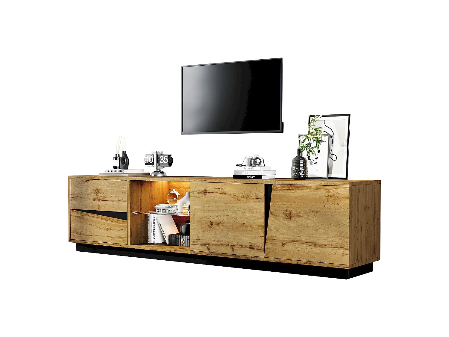 TV-Schrank 180x35x45 cm mit LED-Beleuchtung - 2 Schubladen, 2 Schranktüren, Glasregale und offene Fächer - Natur