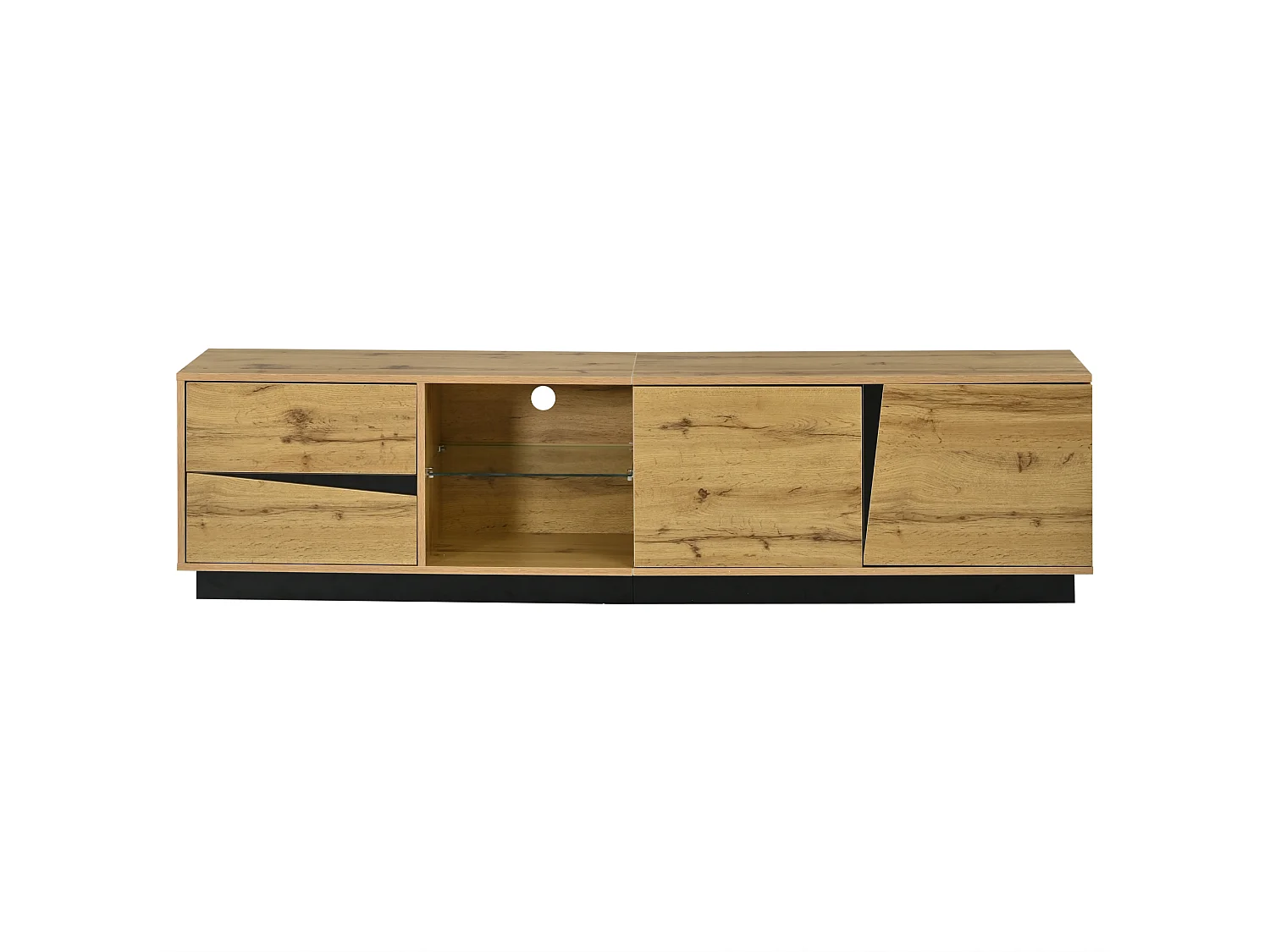 TV-Schrank 180x35x45 cm mit LED-Beleuchtung - 2 Schubladen, 2 Schranktüren, Glasregale und offene Fächer - Natur