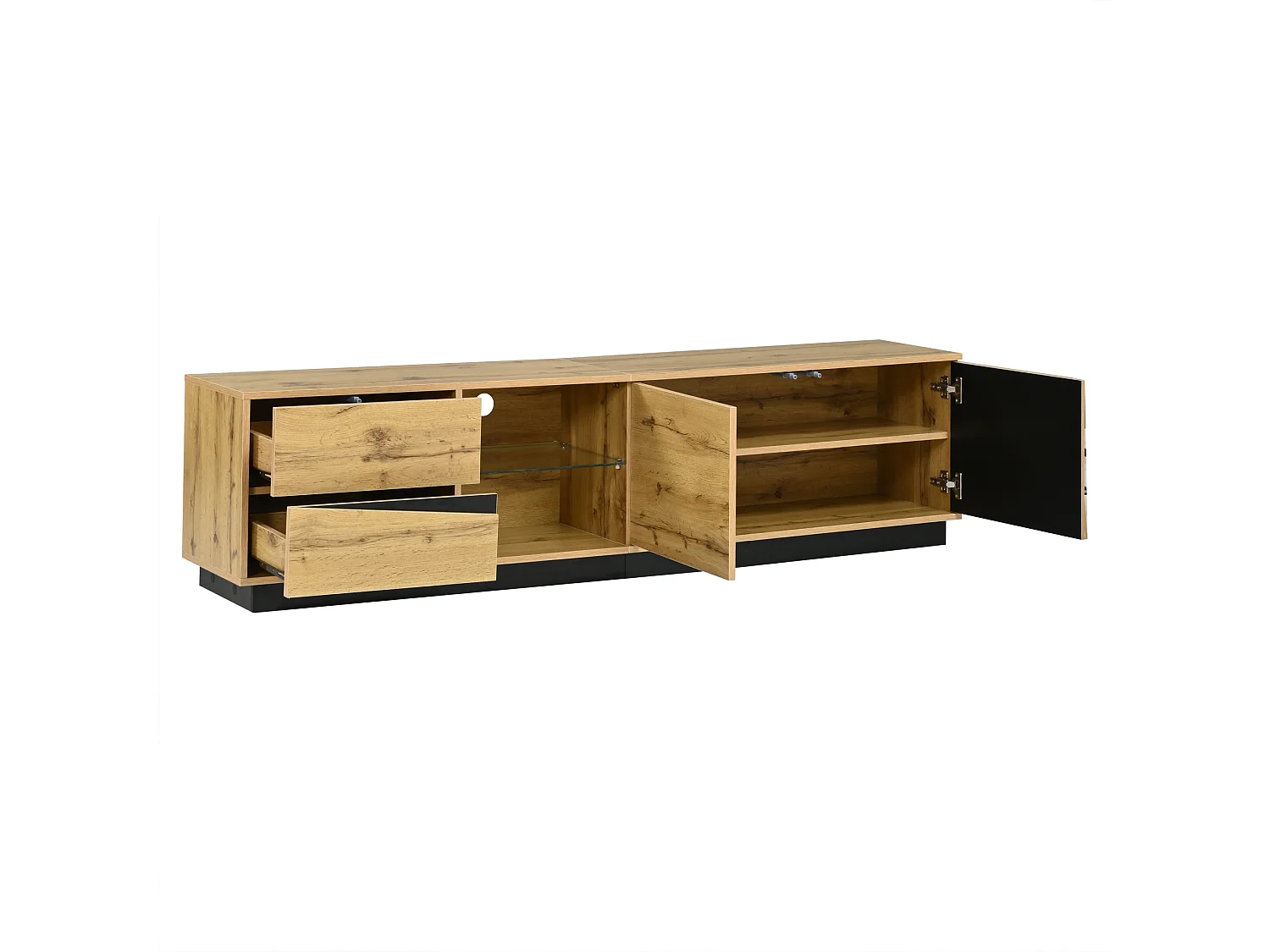 TV-Schrank 180x35x45 cm mit LED-Beleuchtung - 2 Schubladen, 2 Schranktüren, Glasregale und offene Fächer - Natur