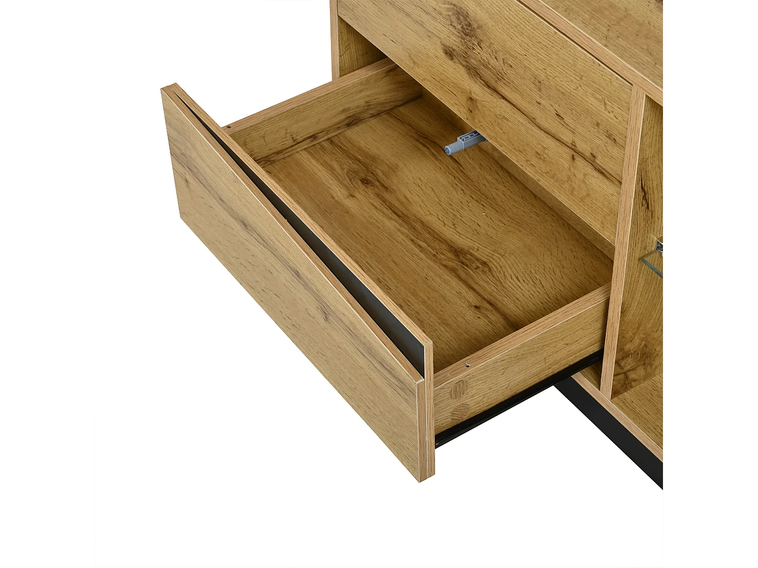 TV-Schrank 180x35x45 cm mit LED-Beleuchtung - 2 Schubladen, 2 Schranktüren, Glasregale und offene Fächer - Natur