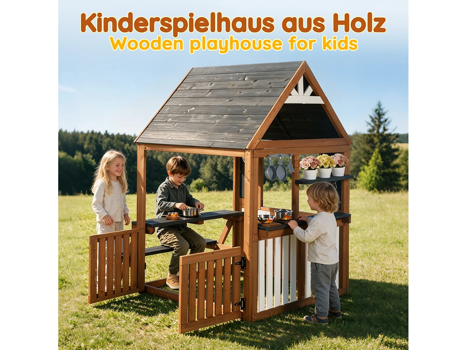 Spielküche aus Holz für draußen für Kinder - Geeignet für Kinder ab 3 Jahren - Schwarz & Natur