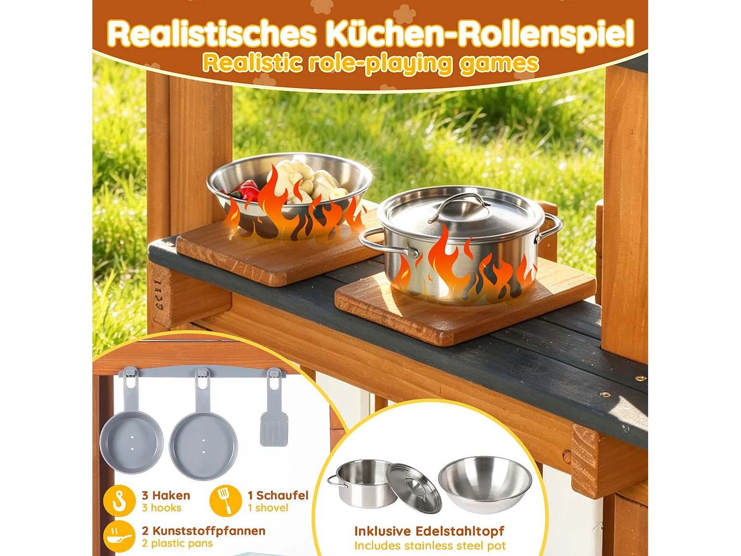 Spielküche aus Holz für draußen für Kinder - Geeignet für Kinder ab 3 Jahren - Schwarz & Natur