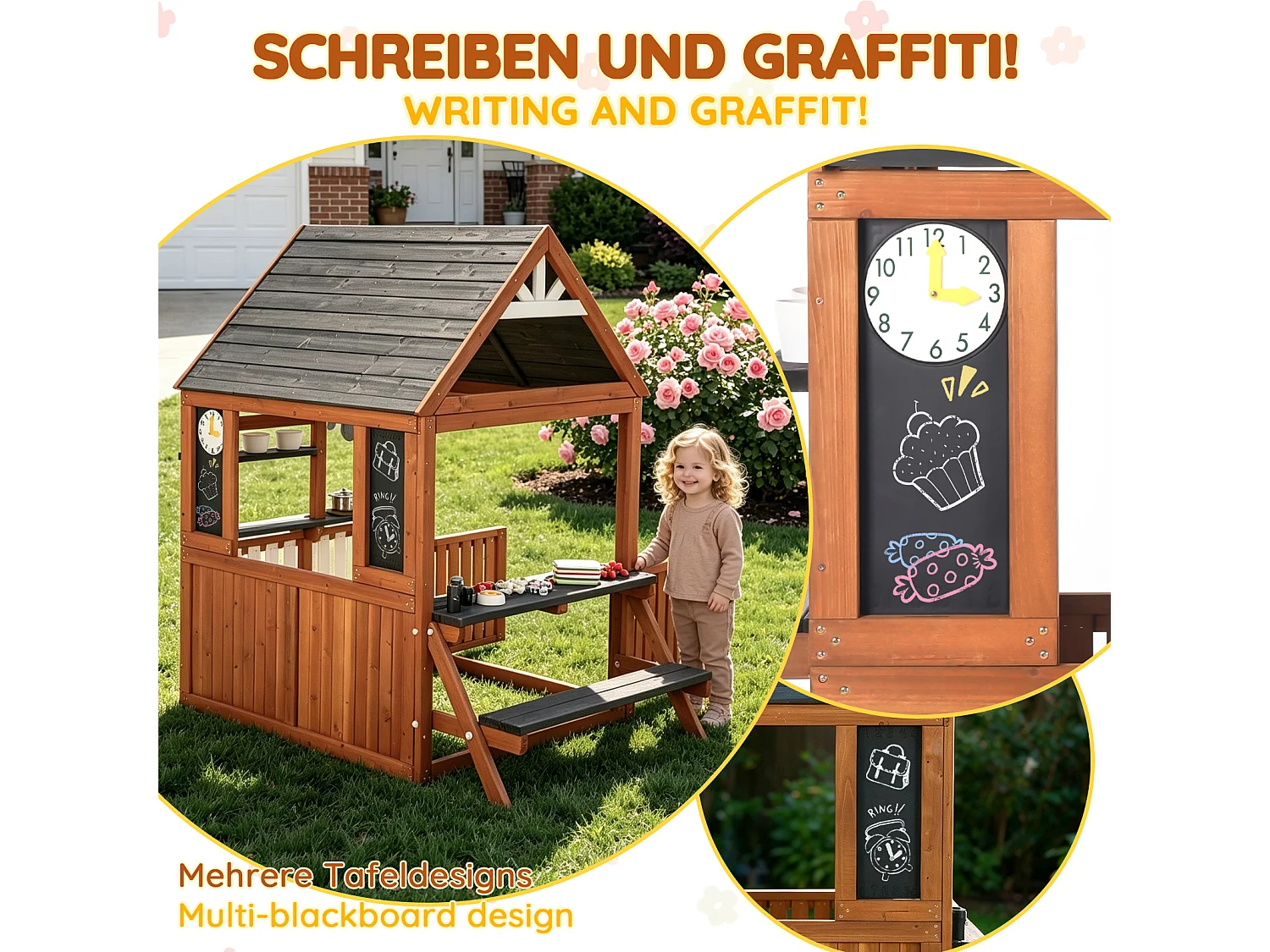 Spielküche aus Holz für draußen für Kinder - Geeignet für Kinder ab 3 Jahren - Schwarz & Natur
