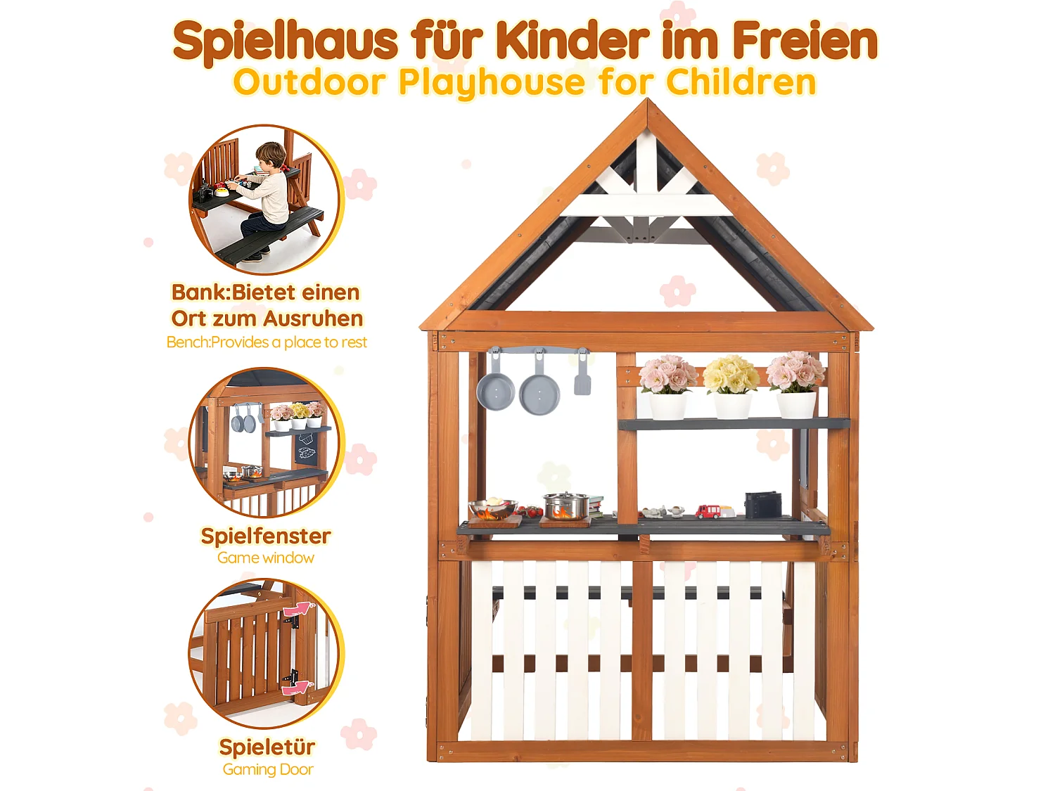 Spielküche aus Holz für draußen für Kinder - Geeignet für Kinder ab 3 Jahren - Schwarz & Natur