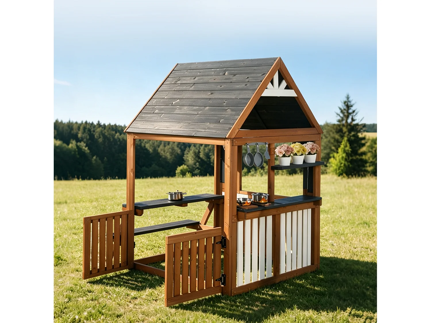 Spielküche aus Holz für draußen für Kinder - Geeignet für Kinder ab 3 Jahren - Schwarz & Natur
