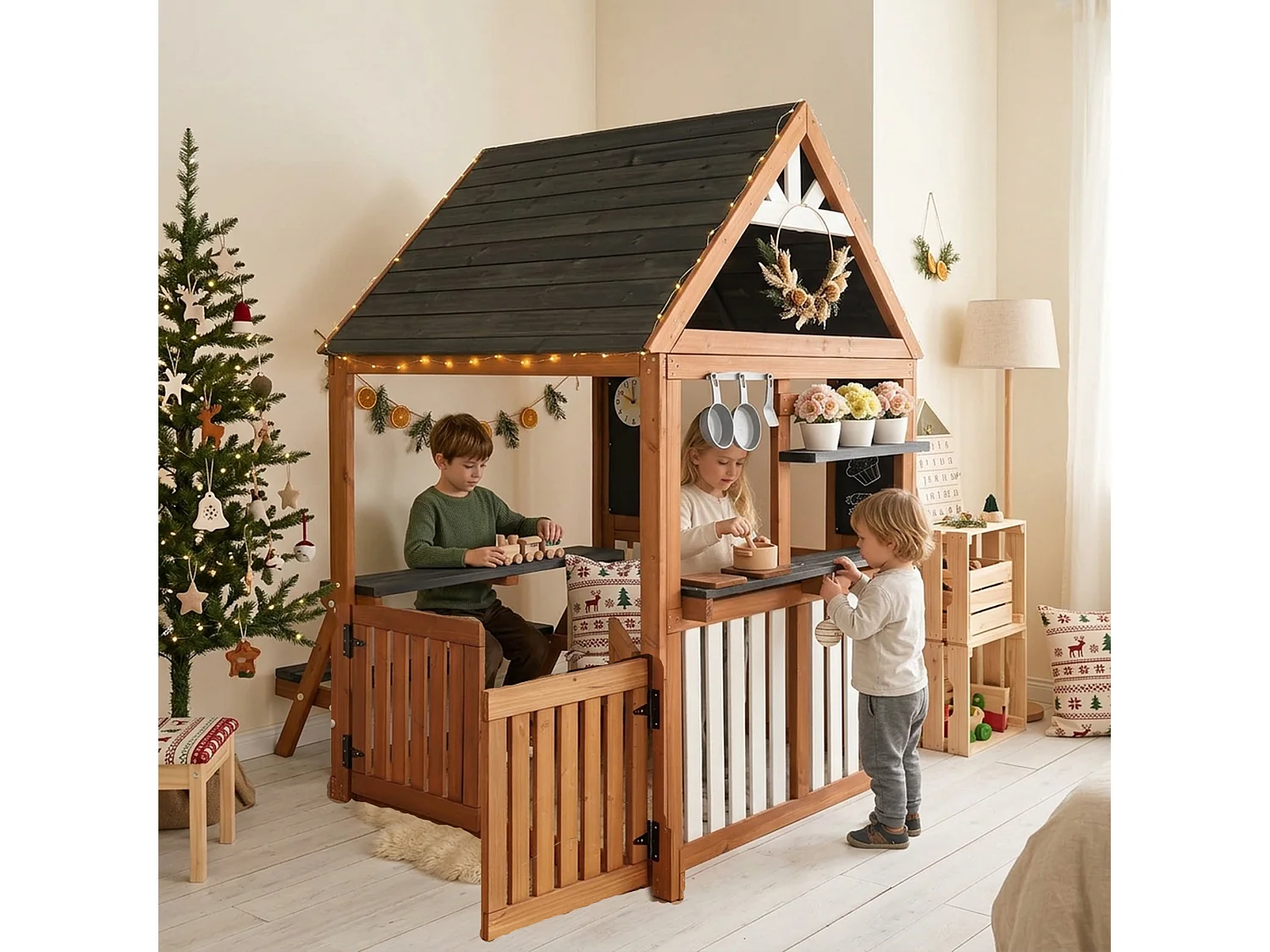 Spielküche aus Holz für draußen für Kinder - Geeignet für Kinder ab 3 Jahren - Schwarz & Natur