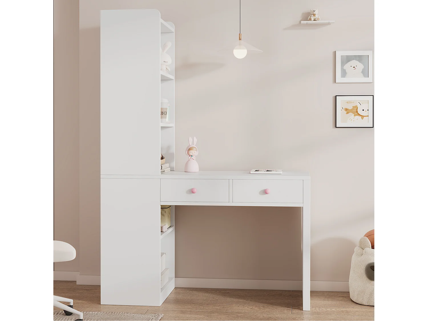Bureau voor kinderen, werkbureau - Met 2 laden en opbergvakken - Roze keramische handgrepen - MDF - Wit