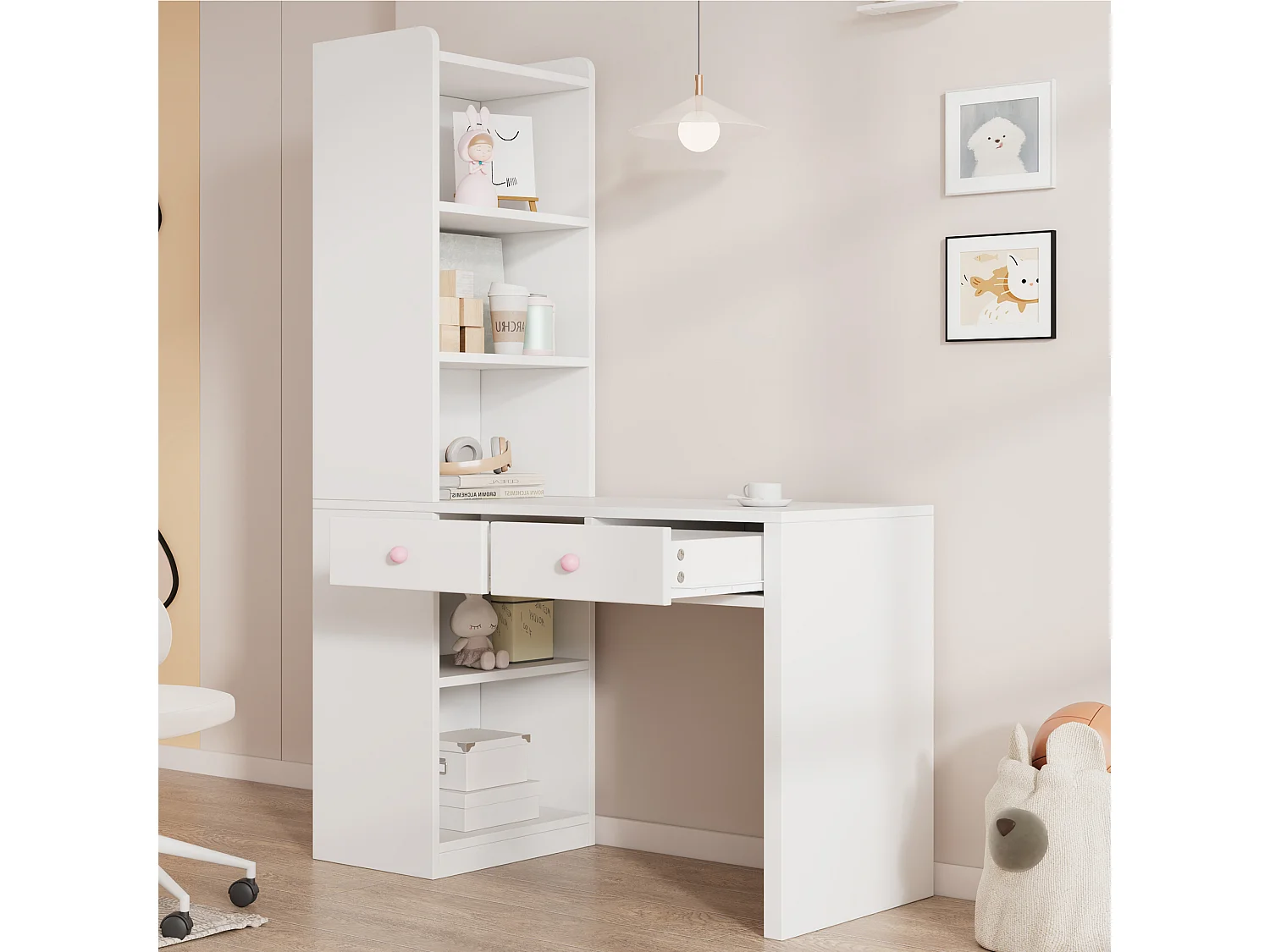 Bureau voor kinderen, werkbureau - Met 2 laden en opbergvakken - Roze keramische handgrepen - MDF - Wit