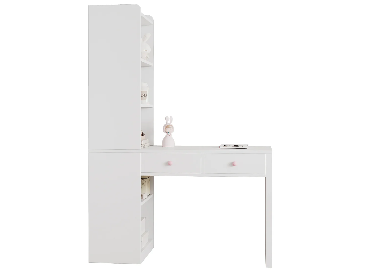 Bureau voor kinderen, werkbureau - Met 2 laden en opbergvakken - Roze keramische handgrepen - MDF - Wit