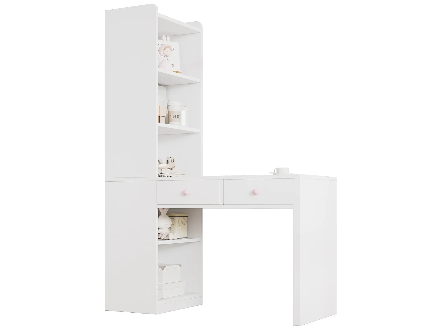 Bureau voor kinderen, werkbureau - Met 2 laden en opbergvakken - Roze keramische handgrepen - MDF - Wit