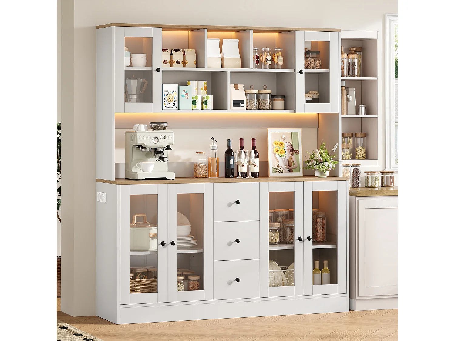 Sideboard Küche 150x40x173cm – mit 6 Acryl-Schranktüren und 4 Schubladen – mit LED-Beleuchtung – mit Steckdose – Weiß