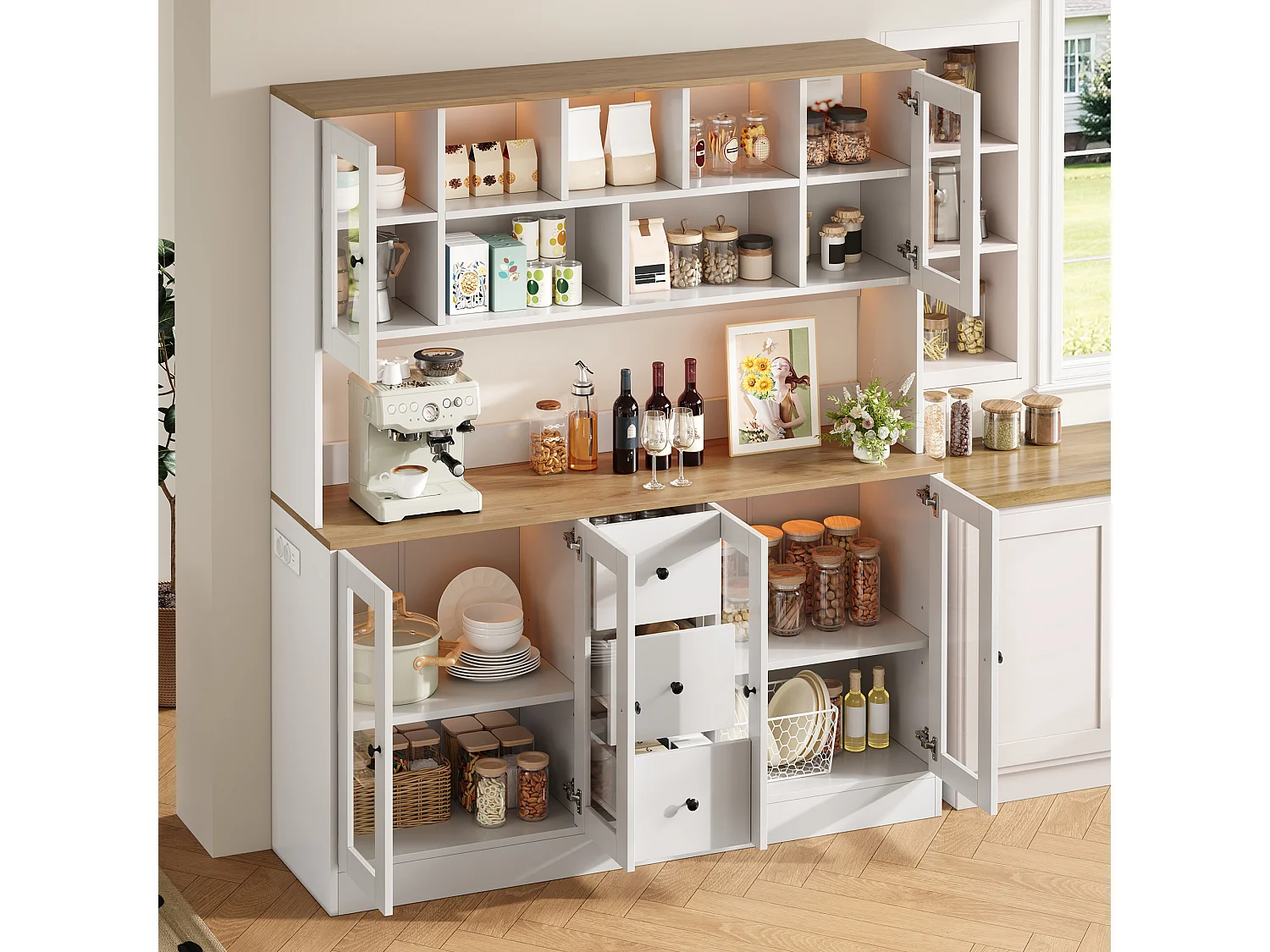 Sideboard Küche 150x40x173cm – mit 6 Acryl-Schranktüren und 4 Schubladen – mit LED-Beleuchtung – mit Steckdose – Weiß