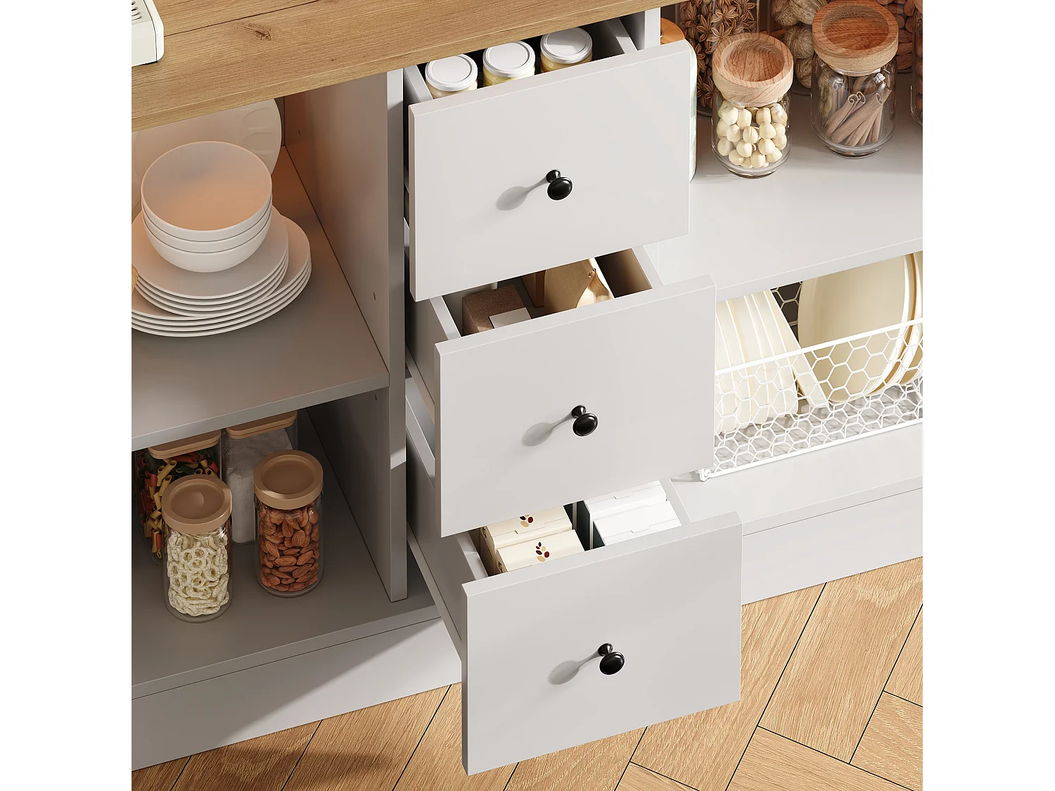 Sideboard Küche 150x40x173cm – mit 6 Acryl-Schranktüren und 4 Schubladen – mit LED-Beleuchtung – mit Steckdose – Weiß