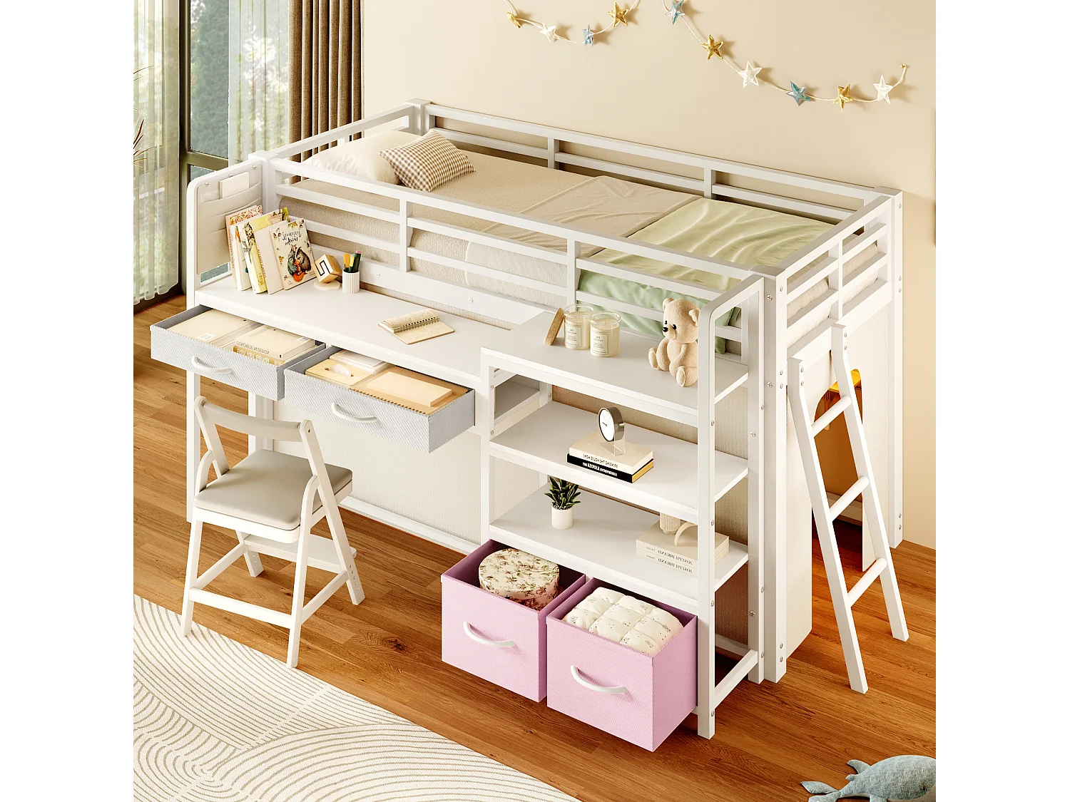 Metall-Hochbett 90x200 cm – Mit Schreibtisch und 4 Schubladen – Regale und LED-Beleuchtung – Sicherheitsbarrieren – Weiß(ohne Matratze)
