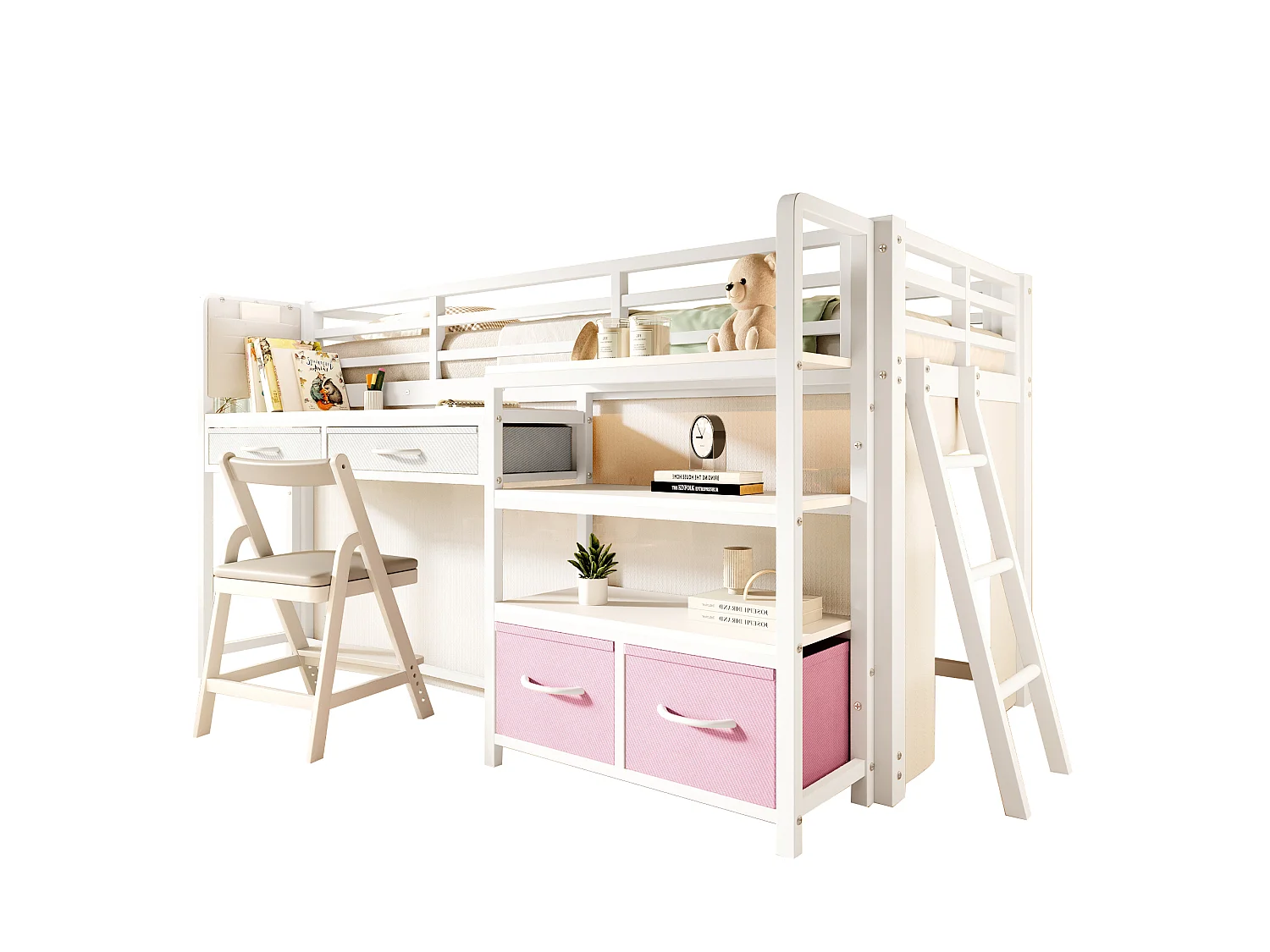 Metall-Hochbett 90x200 cm – Mit Schreibtisch und 4 Schubladen – Regale und LED-Beleuchtung – Sicherheitsbarrieren – Weiß(ohne Matratze)