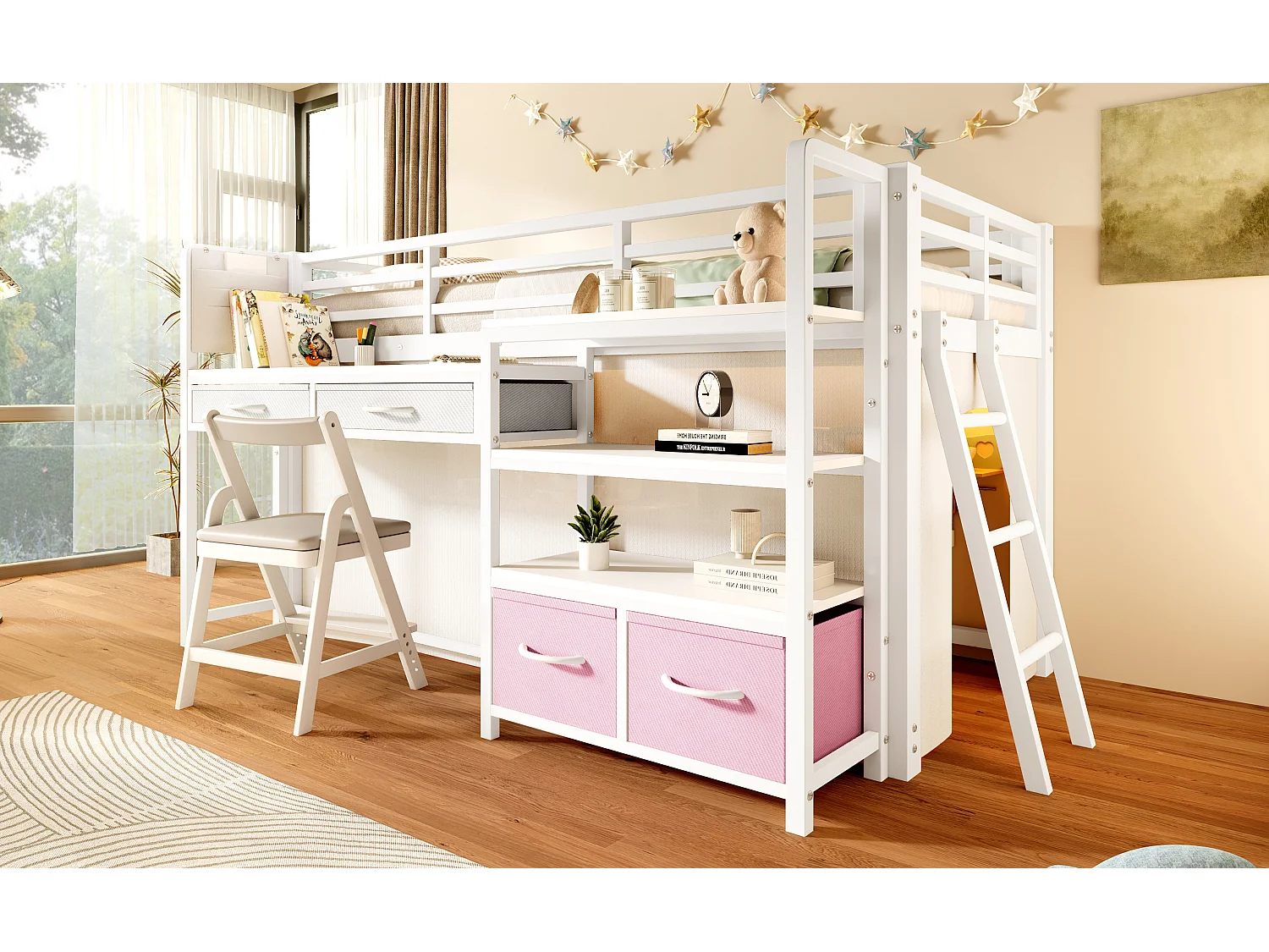 Metall-Hochbett 90x200 cm – Mit Schreibtisch und 4 Schubladen – Regale und LED-Beleuchtung – Sicherheitsbarrieren – Weiß(ohne Matratze)