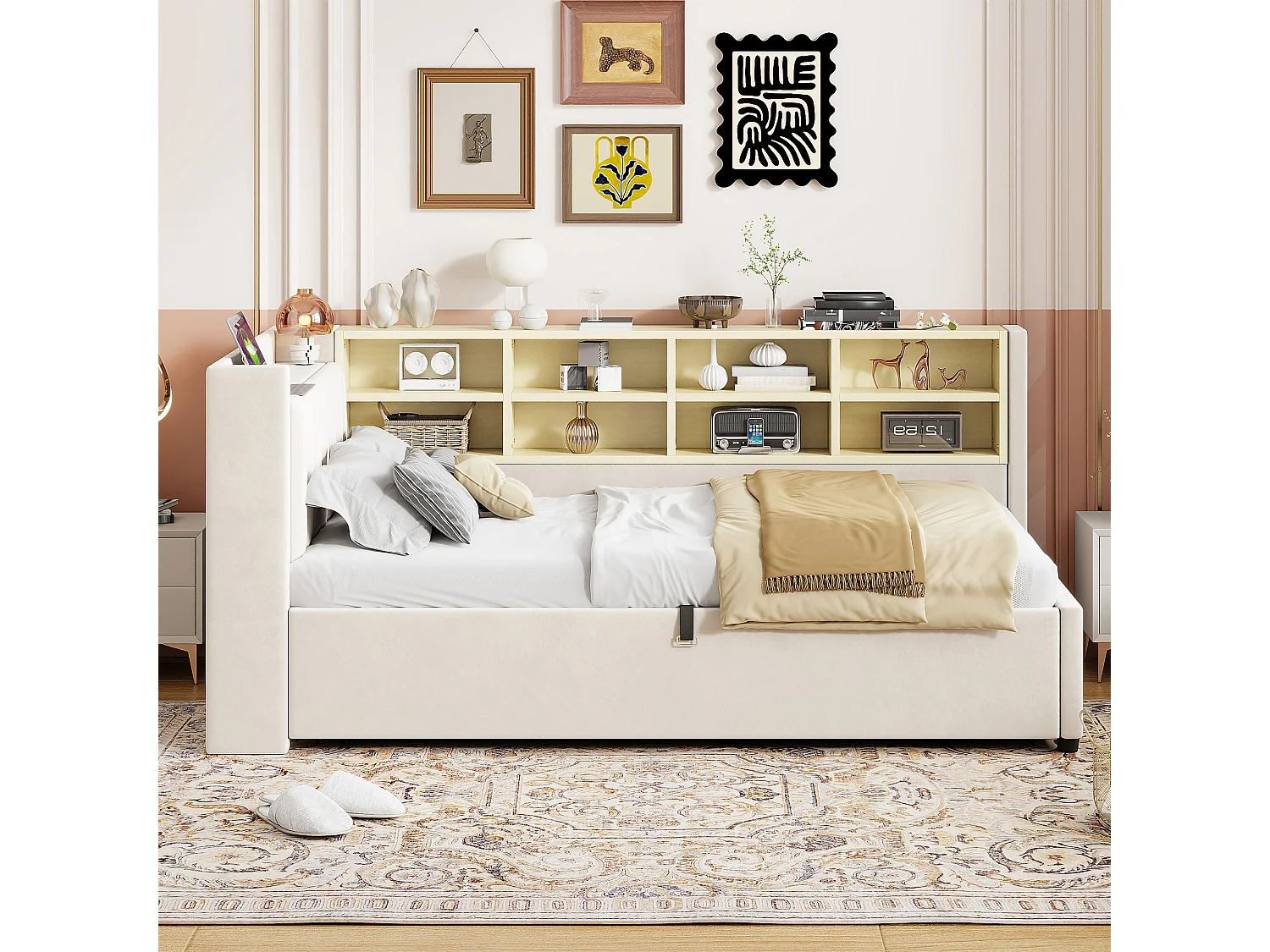 Sofa bed with storage 90 x 200 cm – With lighting – With USB and Type-C charging ports – With storage compartments – Beige (mattress not included)