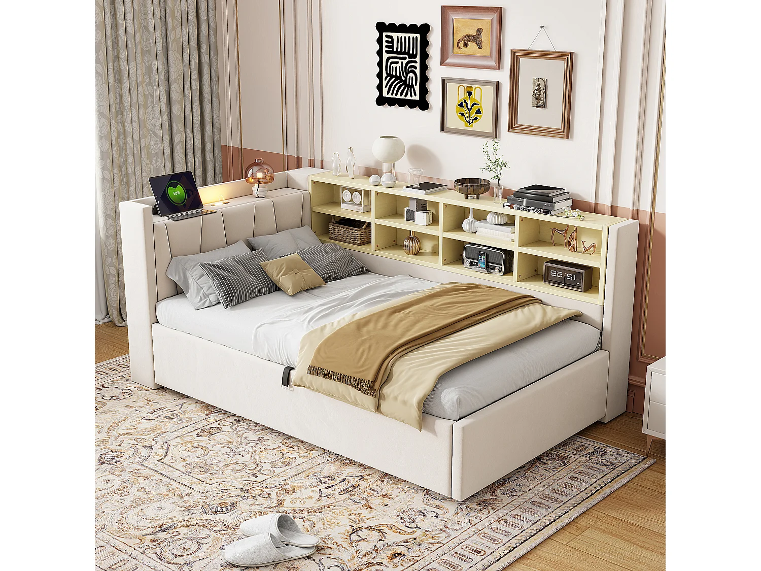 Sofa bed with storage 90 x 200 cm – With lighting – With USB and Type-C charging ports – With storage compartments – Beige (mattress not included)