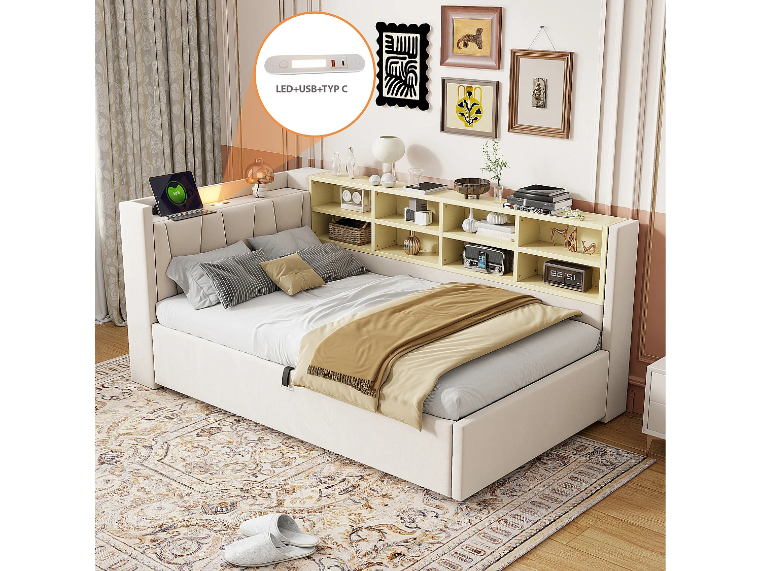 Sofa bed with storage 90 x 200 cm – With lighting – With USB and Type-C charging ports – With storage compartments – Beige (mattress not included)