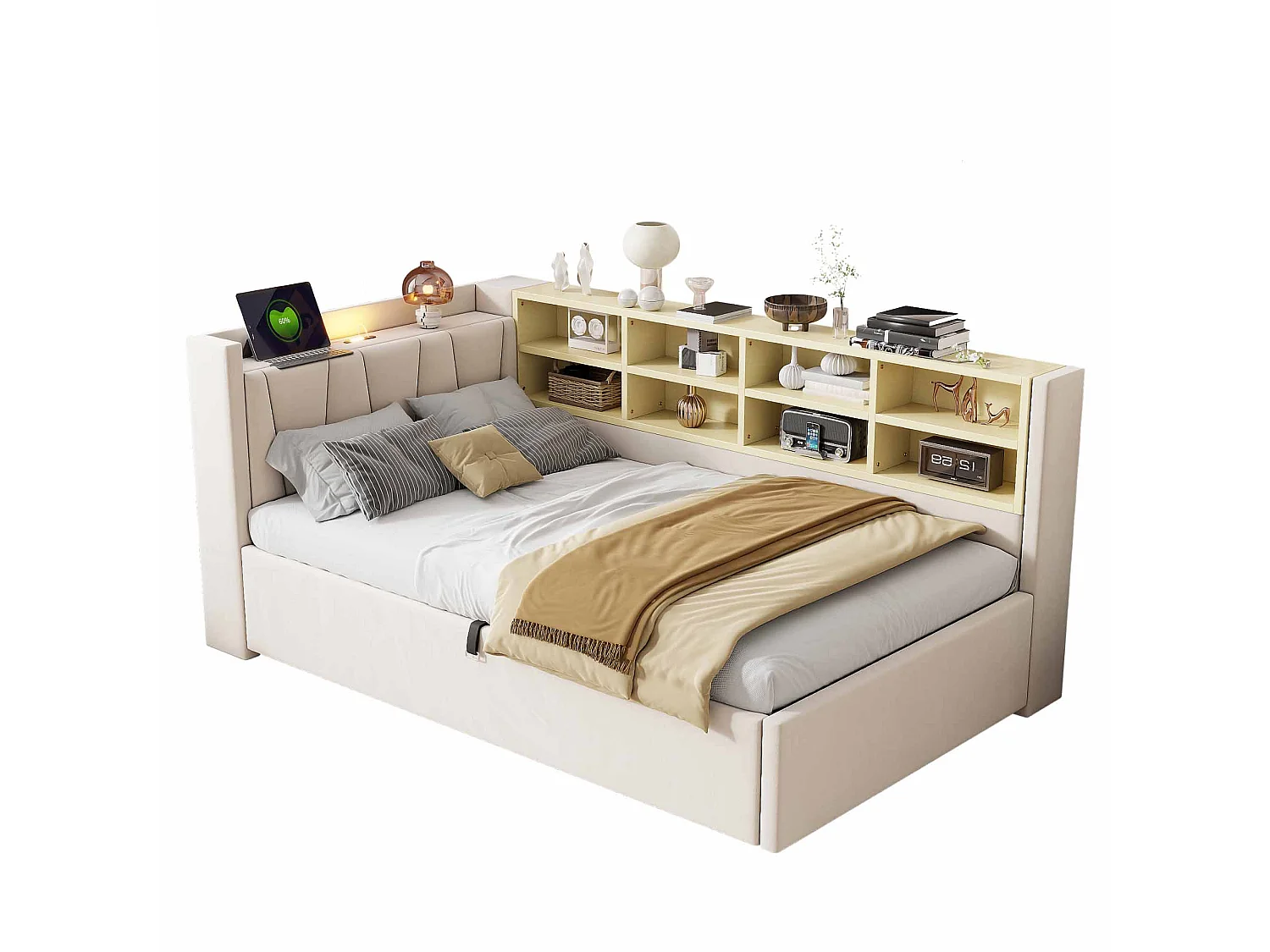 Sofa bed with storage 90 x 200 cm – With lighting – With USB and Type-C charging ports – With storage compartments – Beige (mattress not included)