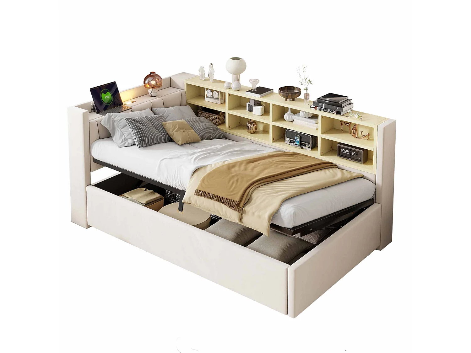 Sofa bed with storage 90 x 200 cm – With lighting – With USB and Type-C charging ports – With storage compartments – Beige (mattress not included)