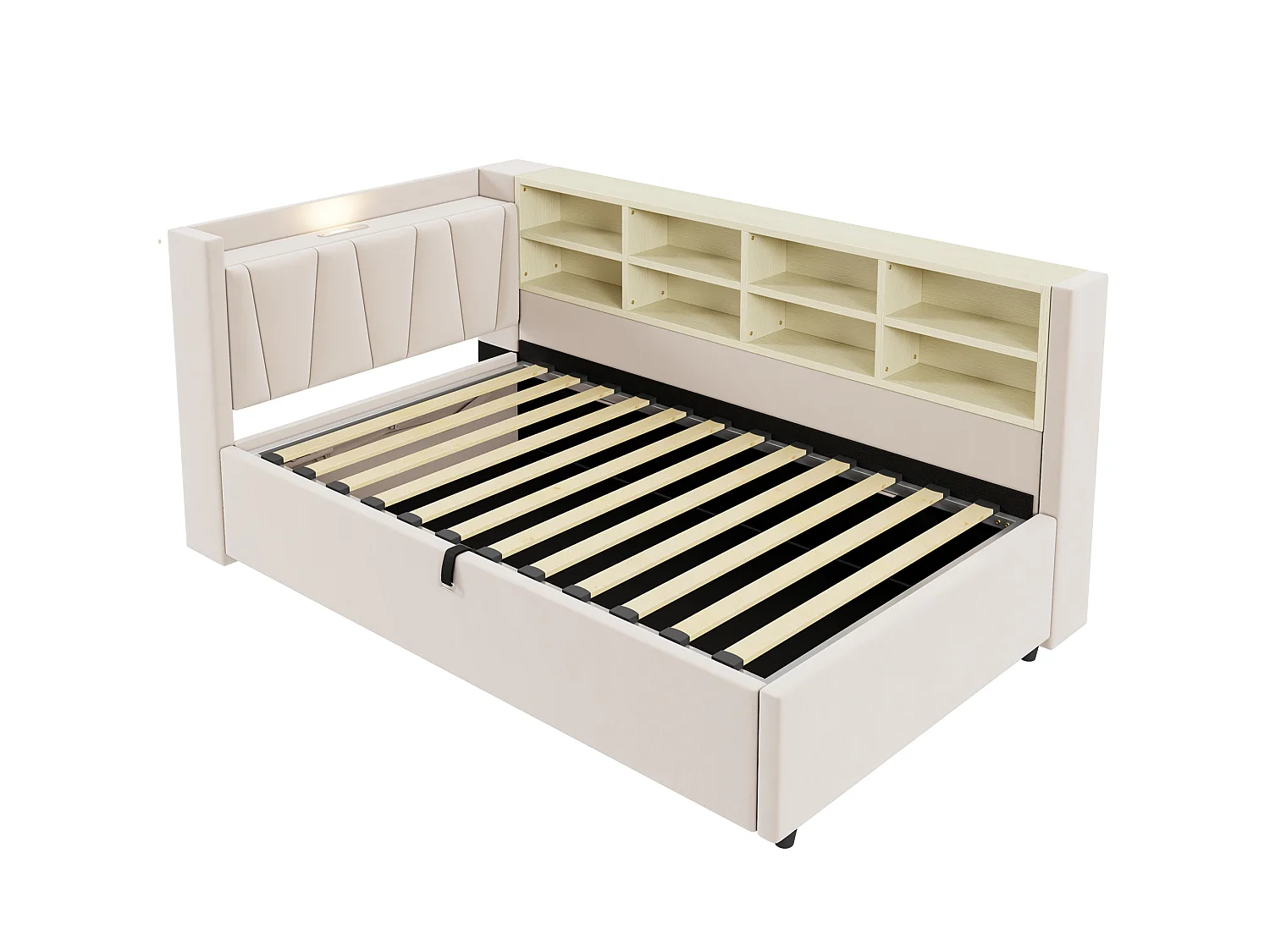 Sofa bed with storage 90 x 200 cm – With lighting – With USB and Type-C charging ports – With storage compartments – Beige (mattress not included)