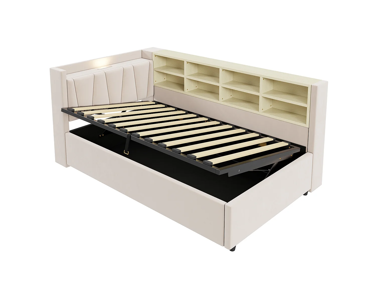 Sofa bed with storage 90 x 200 cm – With lighting – With USB and Type-C charging ports – With storage compartments – Beige (mattress not included)