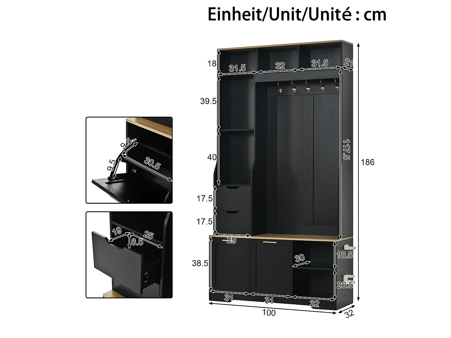 Entryway wardrobe set - Coat rack, shoe cabinet and bench - LED lighting - Hooks and 2 drawers - Black