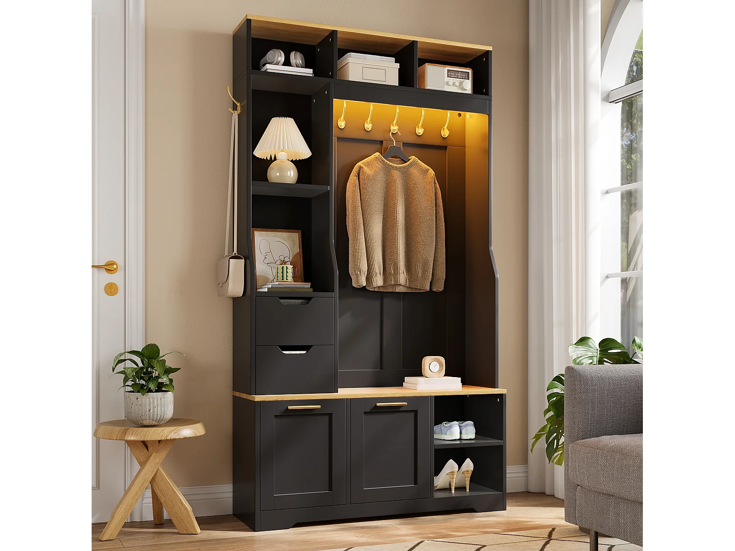 Entryway wardrobe set - Coat rack, shoe cabinet and bench - LED lighting - Hooks and 2 drawers - Black