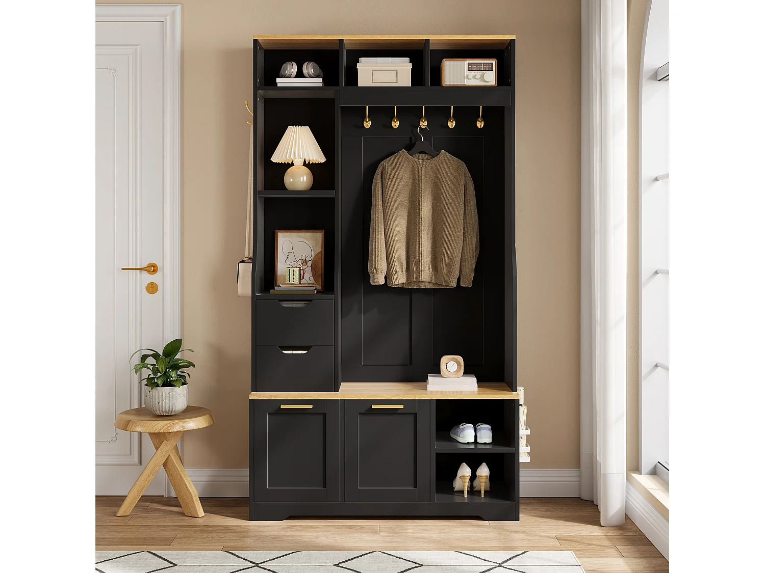 Entryway wardrobe set - Coat rack, shoe cabinet and bench - LED lighting - Hooks and 2 drawers - Black