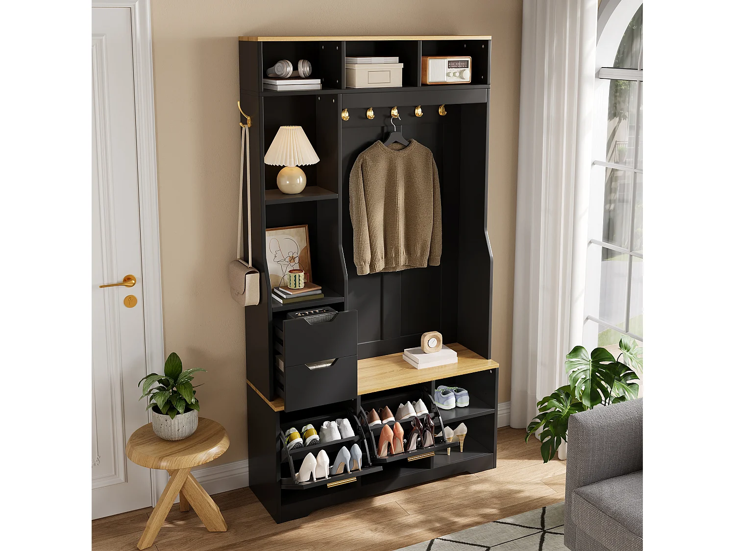 Entryway wardrobe set - Coat rack, shoe cabinet and bench - LED lighting - Hooks and 2 drawers - Black