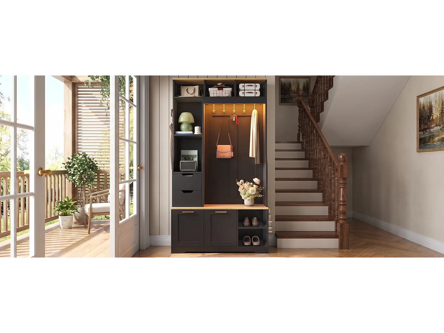 Entryway wardrobe set - Coat rack, shoe cabinet and bench - LED lighting - Hooks and 2 drawers - Black