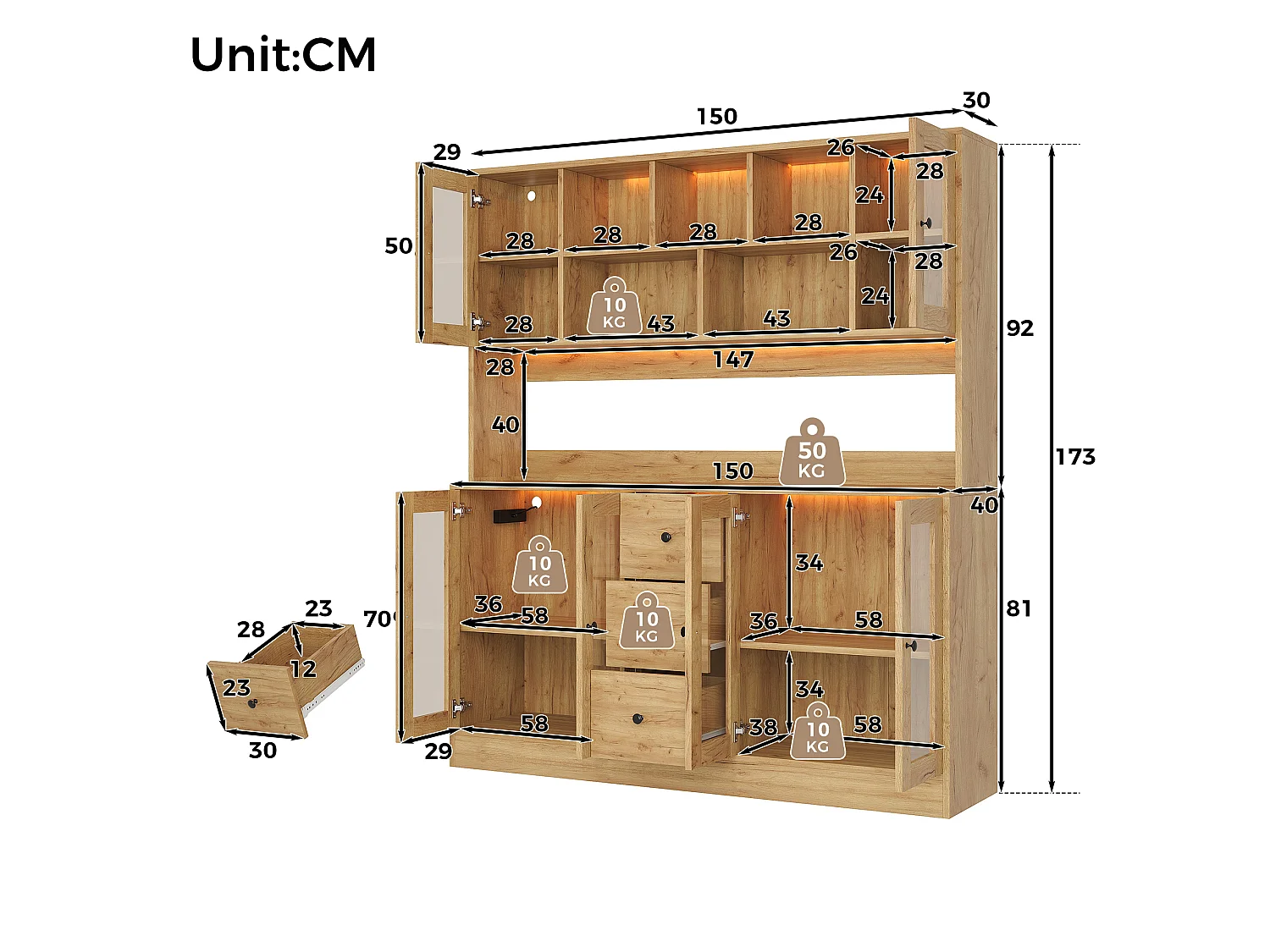 Küchenbuffet 150x40x173cm – mit 6 Acryl-Schranktüren und 4 Schubladen – mit LED-Beleuchtung – mit Steckdose – Natur