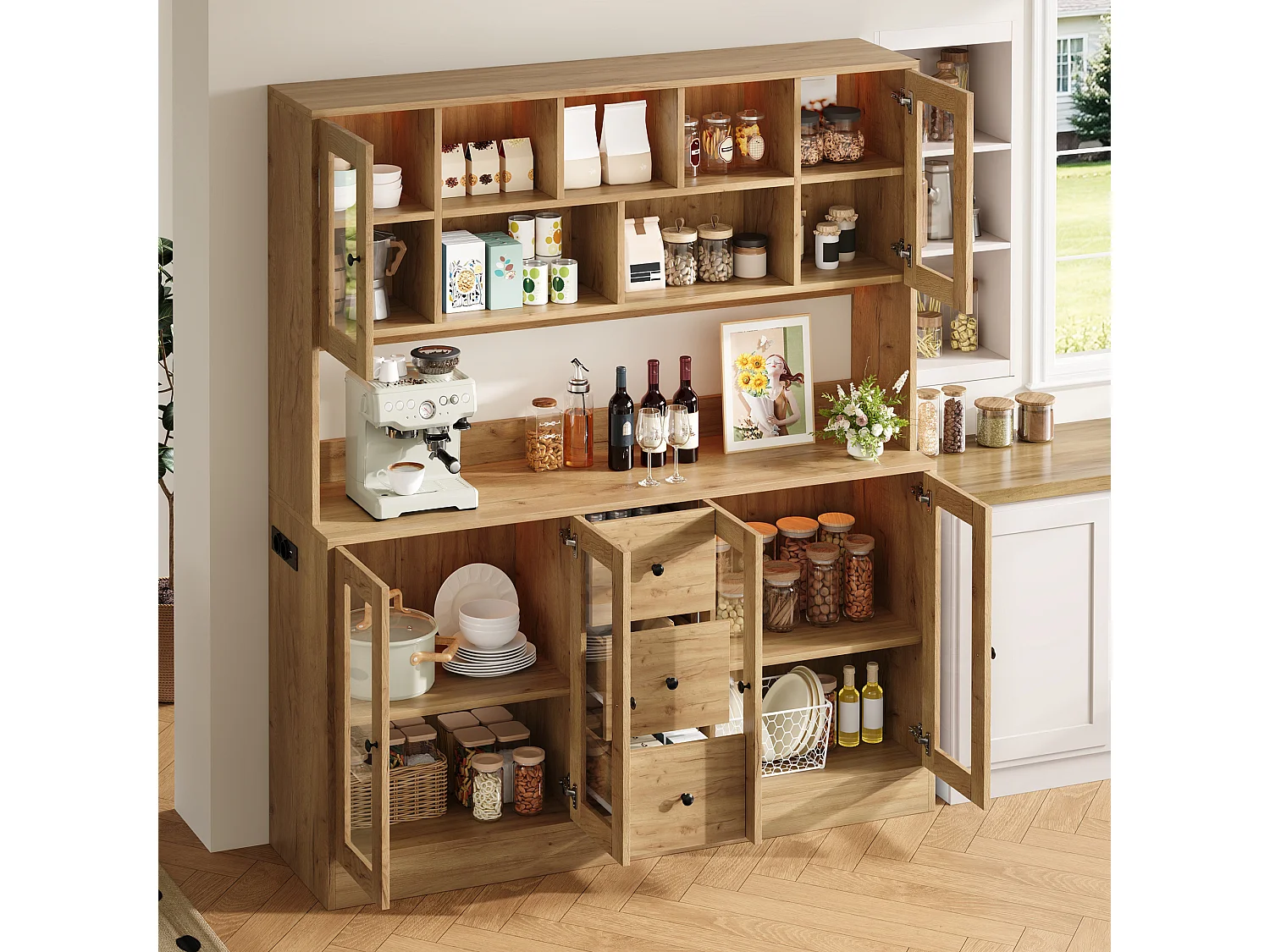 Küchenbuffet 150x40x173cm – mit 6 Acryl-Schranktüren und 4 Schubladen – mit LED-Beleuchtung – mit Steckdose – Natur