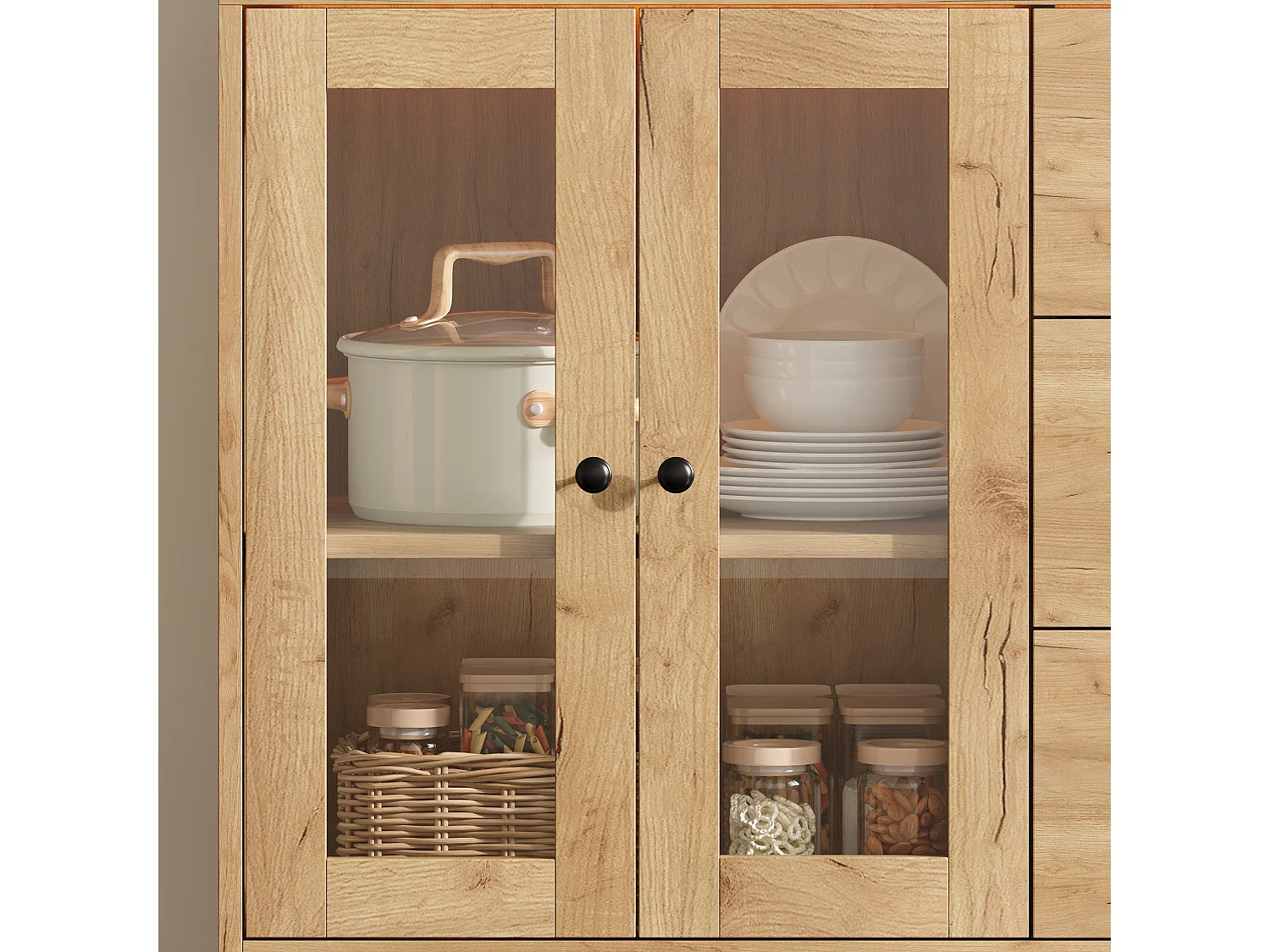 Küchenbuffet 150x40x173cm – mit 6 Acryl-Schranktüren und 4 Schubladen – mit LED-Beleuchtung – mit Steckdose – Natur