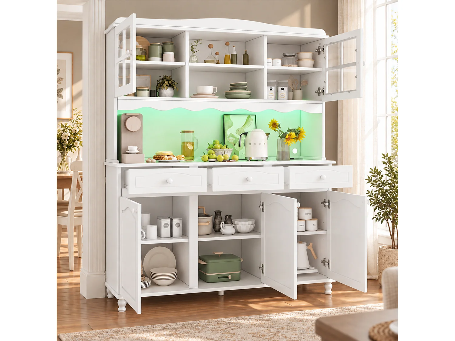 Hoher Küchenschrank 135x40x185 cm - Mit LED-Beleuchtung, Steckdosen und USB-Anschlüssen - 5 Türen und 3 Schubladen - Weiß