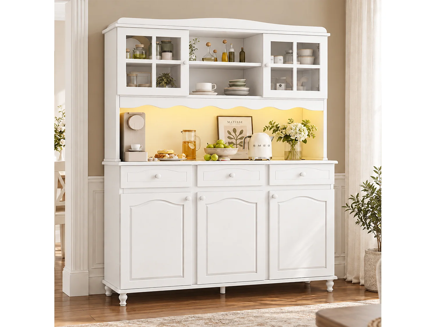 Hoher Küchenschrank 135x40x185 cm - Mit LED-Beleuchtung, Steckdosen und USB-Anschlüssen - 5 Türen und 3 Schubladen - Weiß