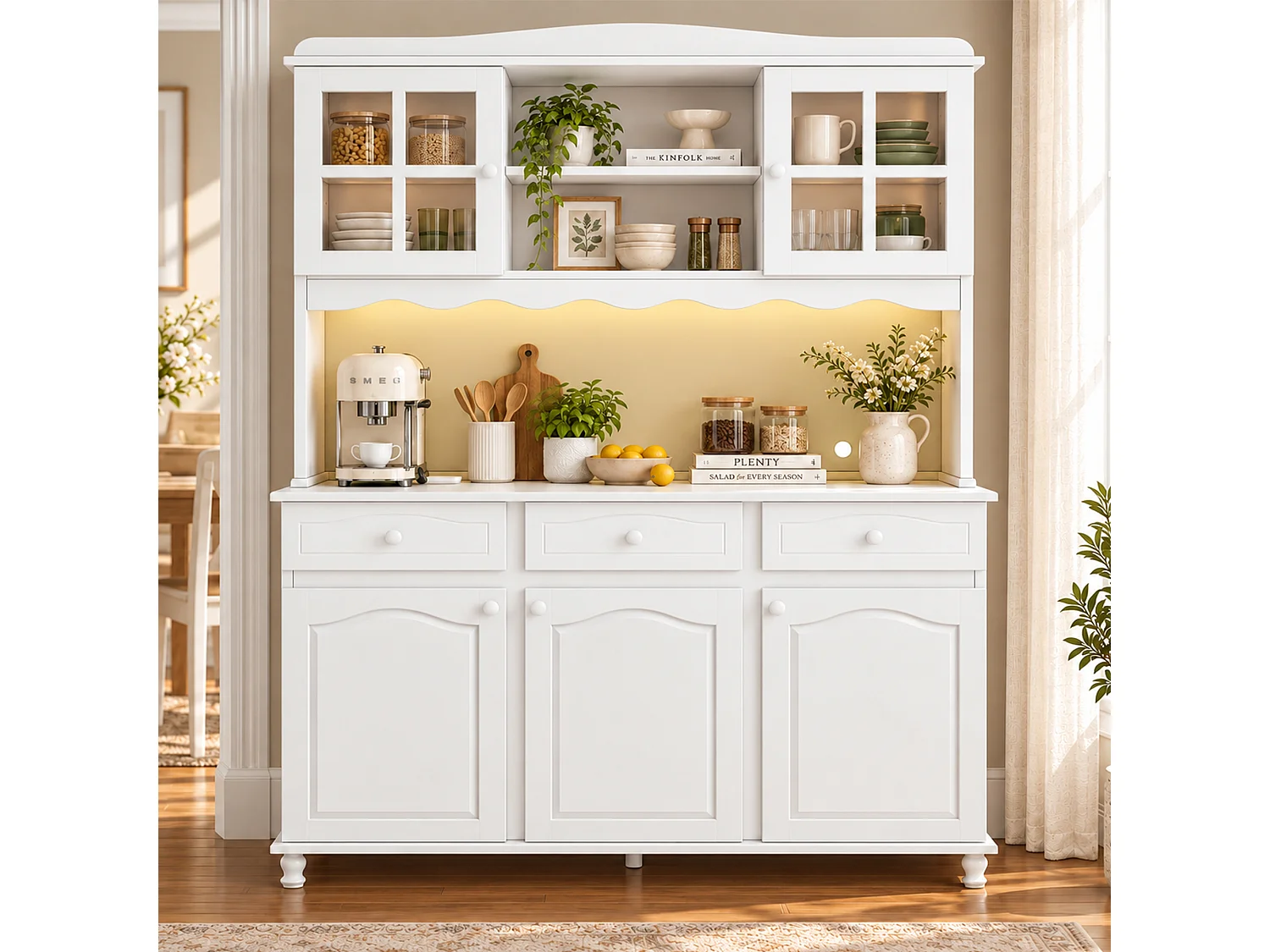 Hoher Küchenschrank 135x40x185 cm - Mit LED-Beleuchtung, Steckdosen und USB-Anschlüssen - 5 Türen und 3 Schubladen - Weiß