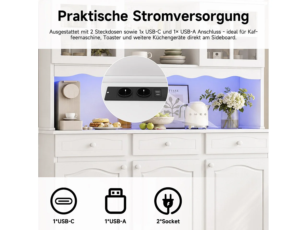 Hoher Küchenschrank 135x40x185 cm - Mit LED-Beleuchtung, Steckdosen und USB-Anschlüssen - 5 Türen und 3 Schubladen - Weiß