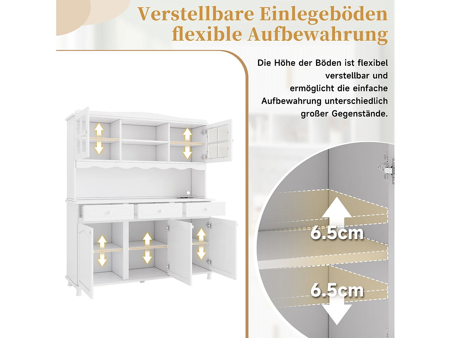 Hoher Küchenschrank 135x40x185 cm - Mit LED-Beleuchtung, Steckdosen und USB-Anschlüssen - 5 Türen und 3 Schubladen - Weiß