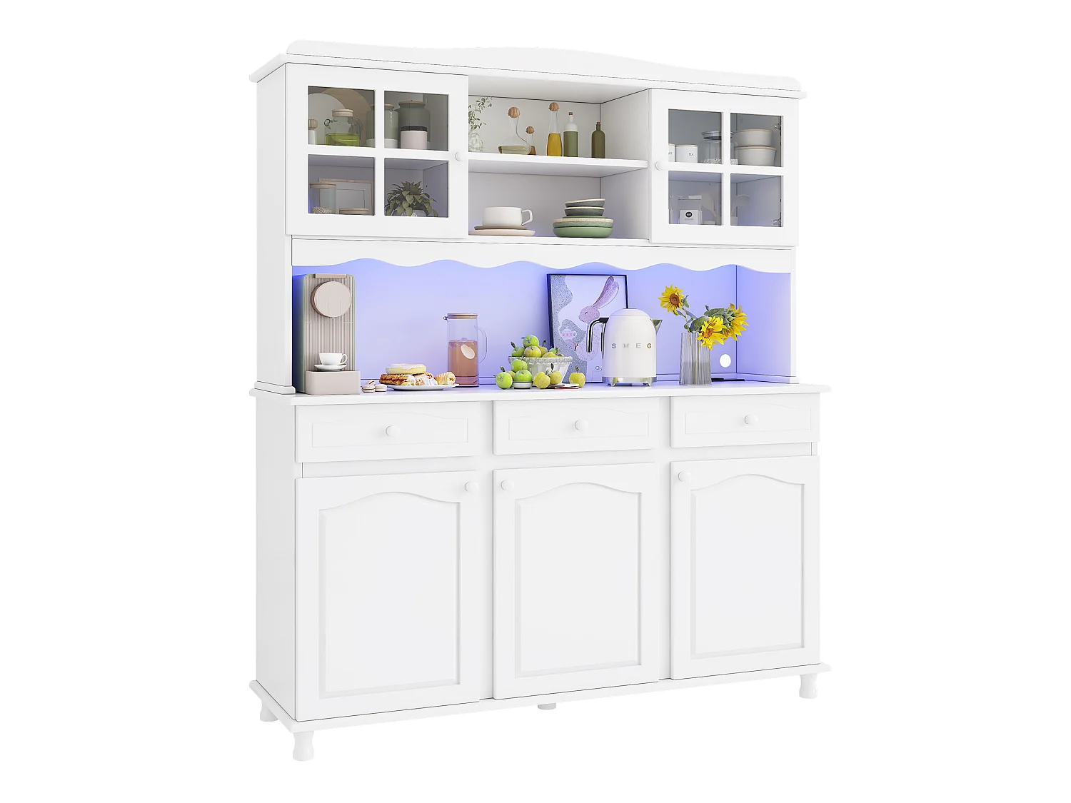Hoher Küchenschrank 135x40x185 cm - Mit LED-Beleuchtung, Steckdosen und USB-Anschlüssen - 5 Türen und 3 Schubladen - Weiß