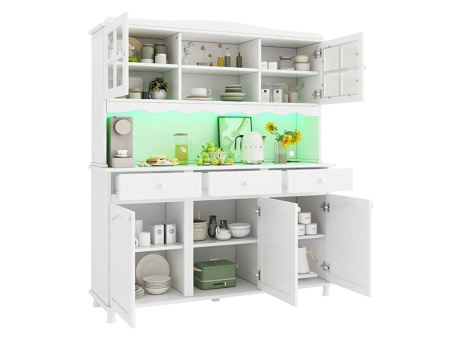 Hoher Küchenschrank 135x40x185 cm - Mit LED-Beleuchtung, Steckdosen und USB-Anschlüssen - 5 Türen und 3 Schubladen - Weiß