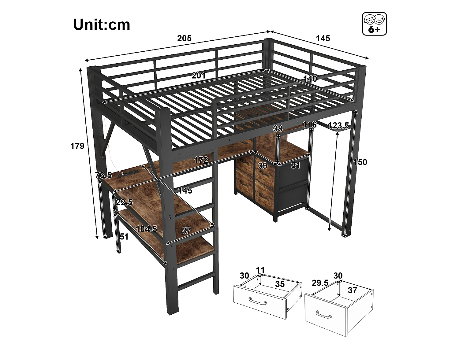 Lit mezzanine 140 x 200 cm - avec prise de courant et lumière LED - avec bureau d'angle et espace de rangement - Noir (matelas non inclus)