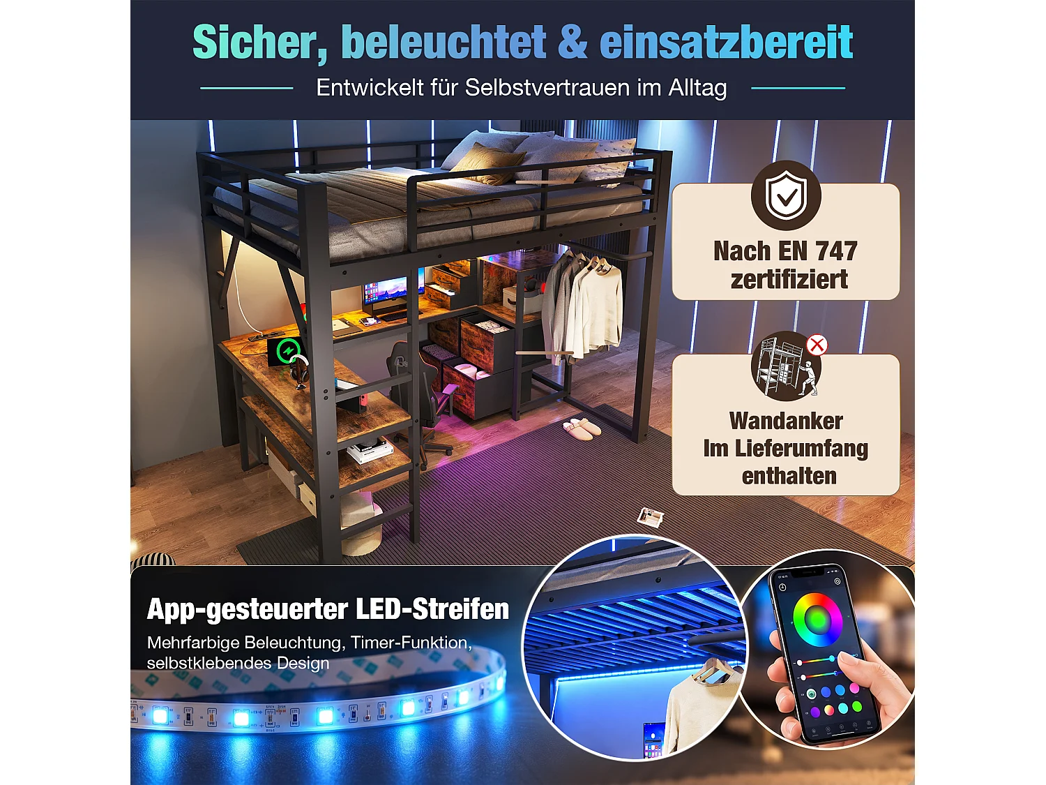 Lit mezzanine 140 x 200 cm - avec prise de courant et lumière LED - avec bureau d'angle et espace de rangement - Noir (matelas non inclus)