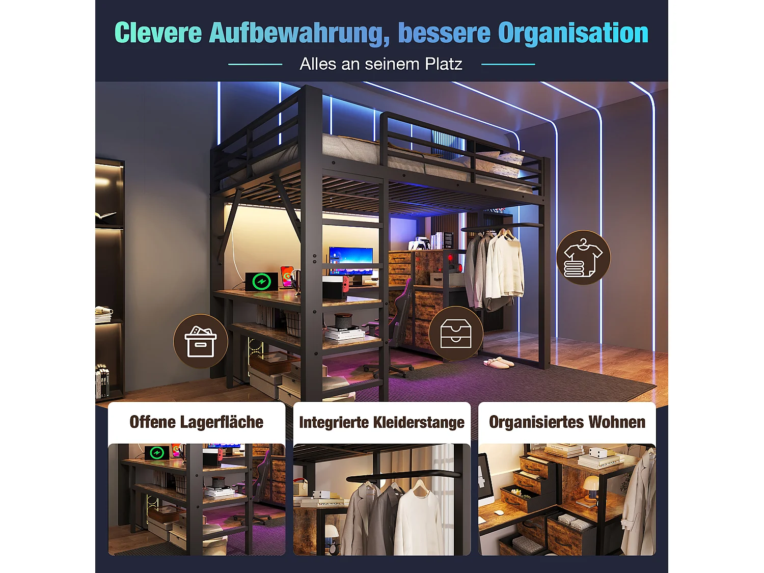Lit mezzanine 140 x 200 cm - avec prise de courant et lumière LED - avec bureau d'angle et espace de rangement - Noir (matelas non inclus)