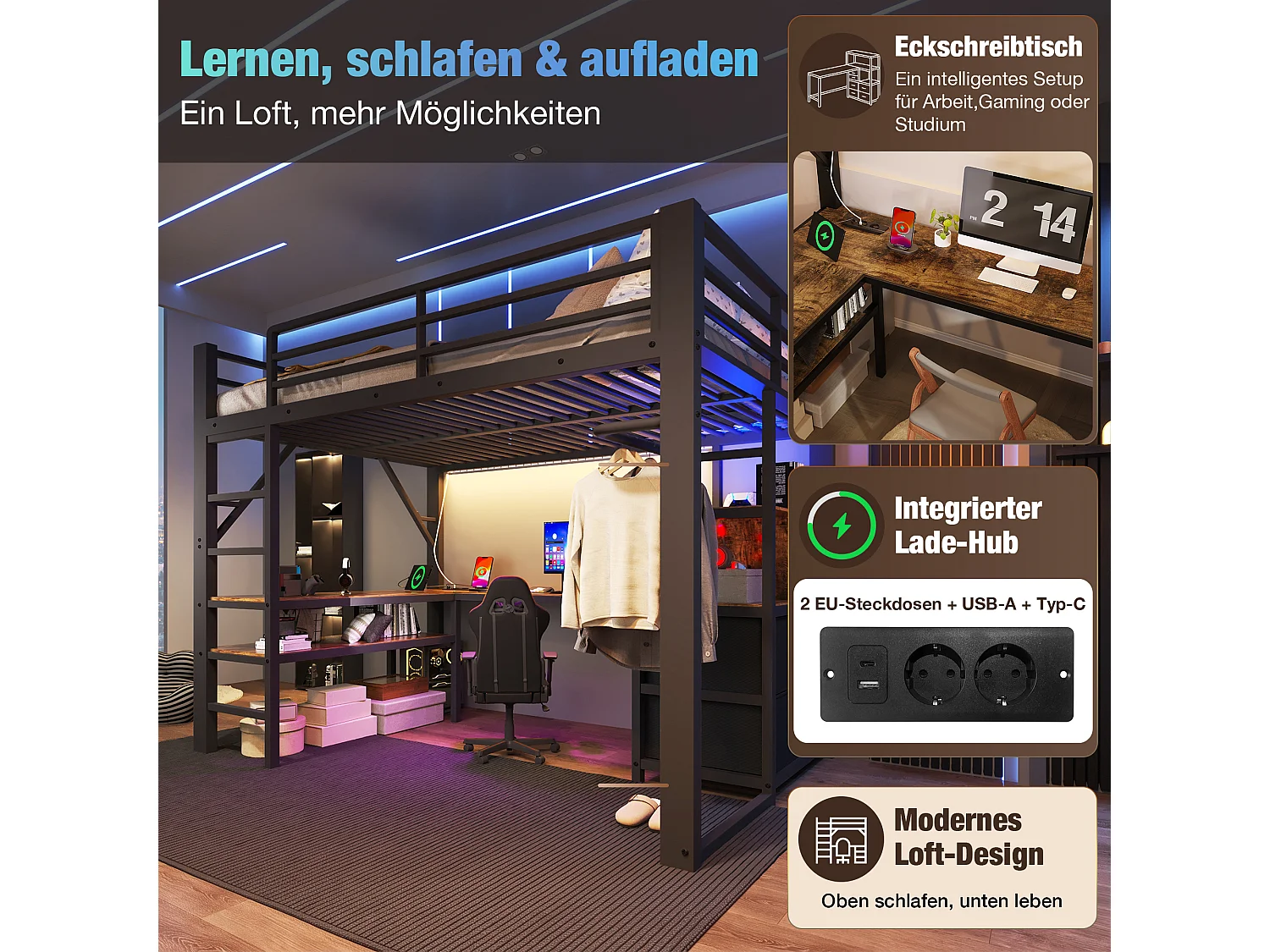 Lit mezzanine 140 x 200 cm - avec prise de courant et lumière LED - avec bureau d'angle et espace de rangement - Noir (matelas non inclus)