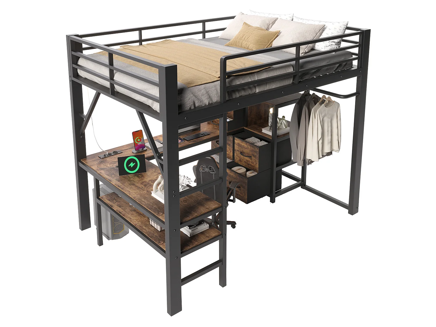 Lit mezzanine 140 x 200 cm - avec prise de courant et lumière LED - avec bureau d'angle et espace de rangement - Noir (matelas non inclus)